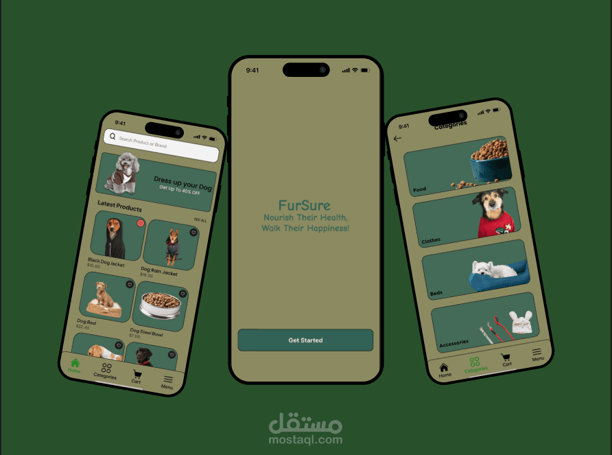 تصميم واجهة المستخدم لتطبيق لبيع مستلزمات الحيوانات الأليفة.