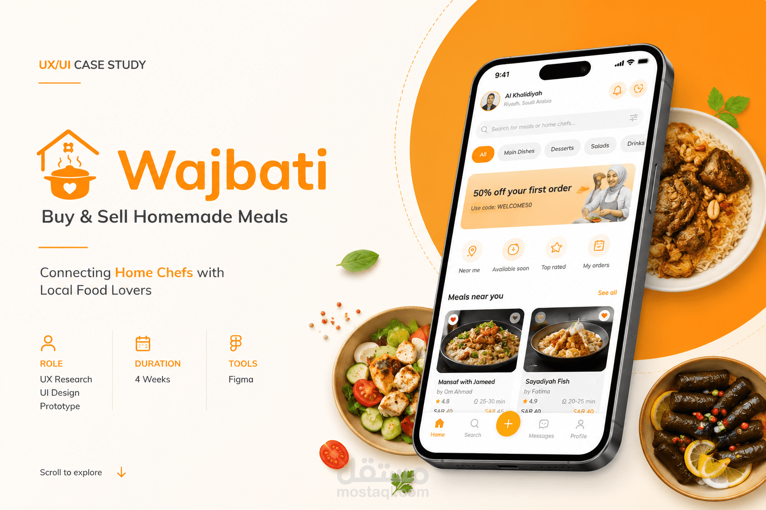 UI/UX لمنصة طعام منزلي متكاملة: تصميم صفحة هبوط تسويقية ولوحة تحكم ذكية للطهاة