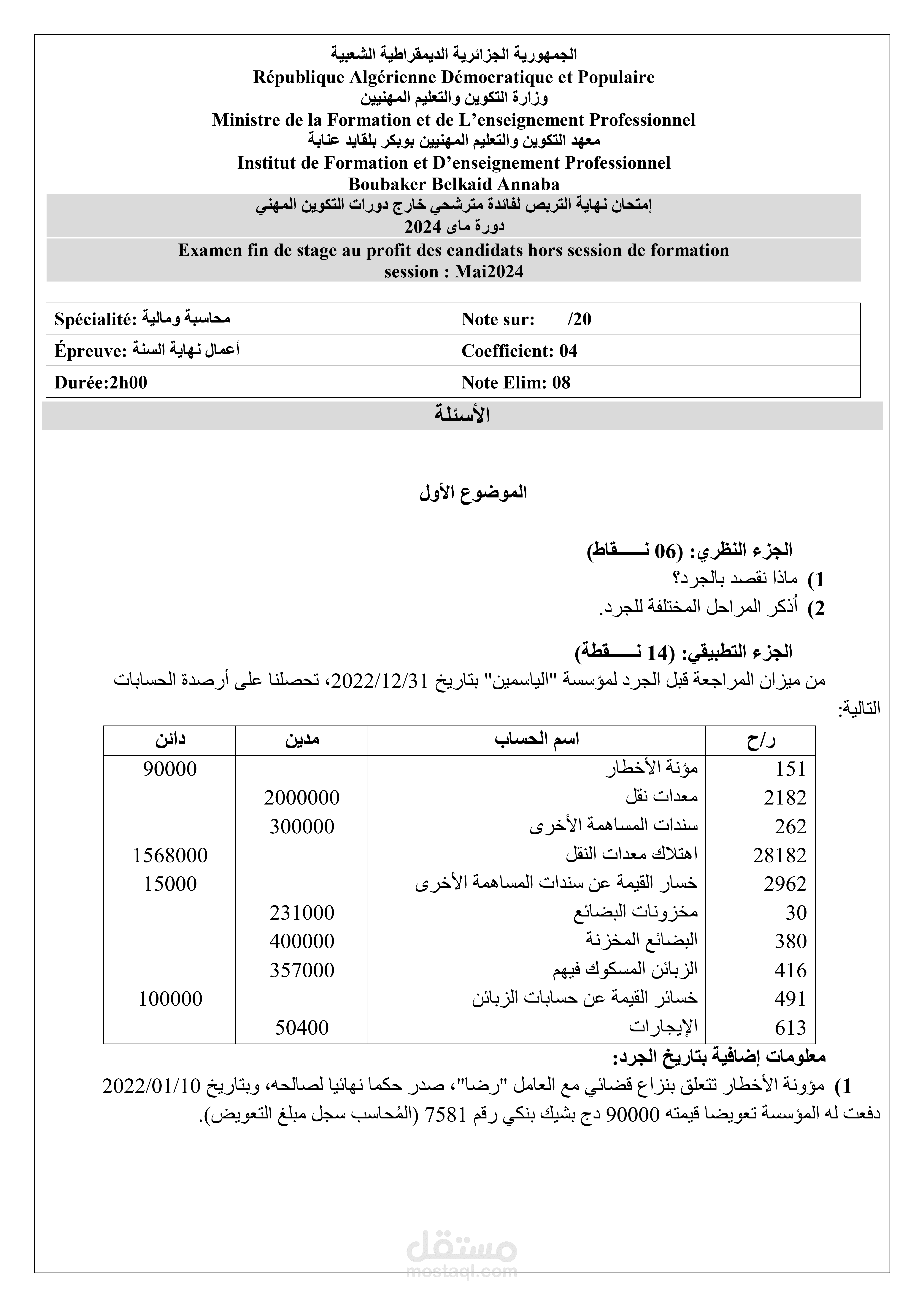 إمتحان نهاية التربص لفائدة مترشحي خارج دورات التكوين المهني دورة ماى 2024