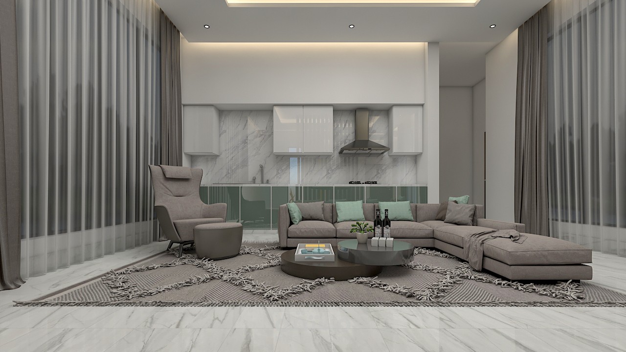 صالة عائلية مع مطبخ صغير