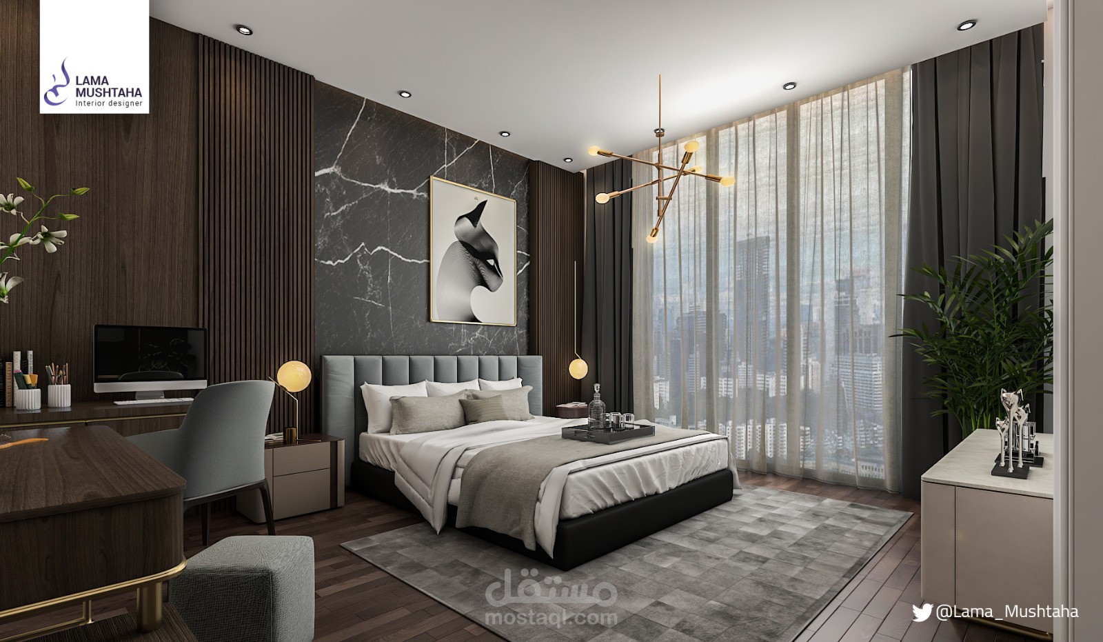 غرفة نوم رئيسية مع ملابس