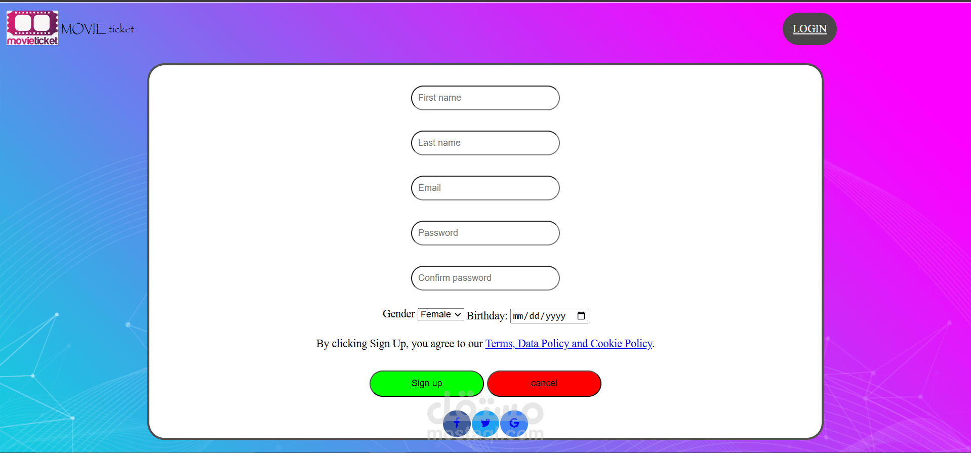 Signup page
