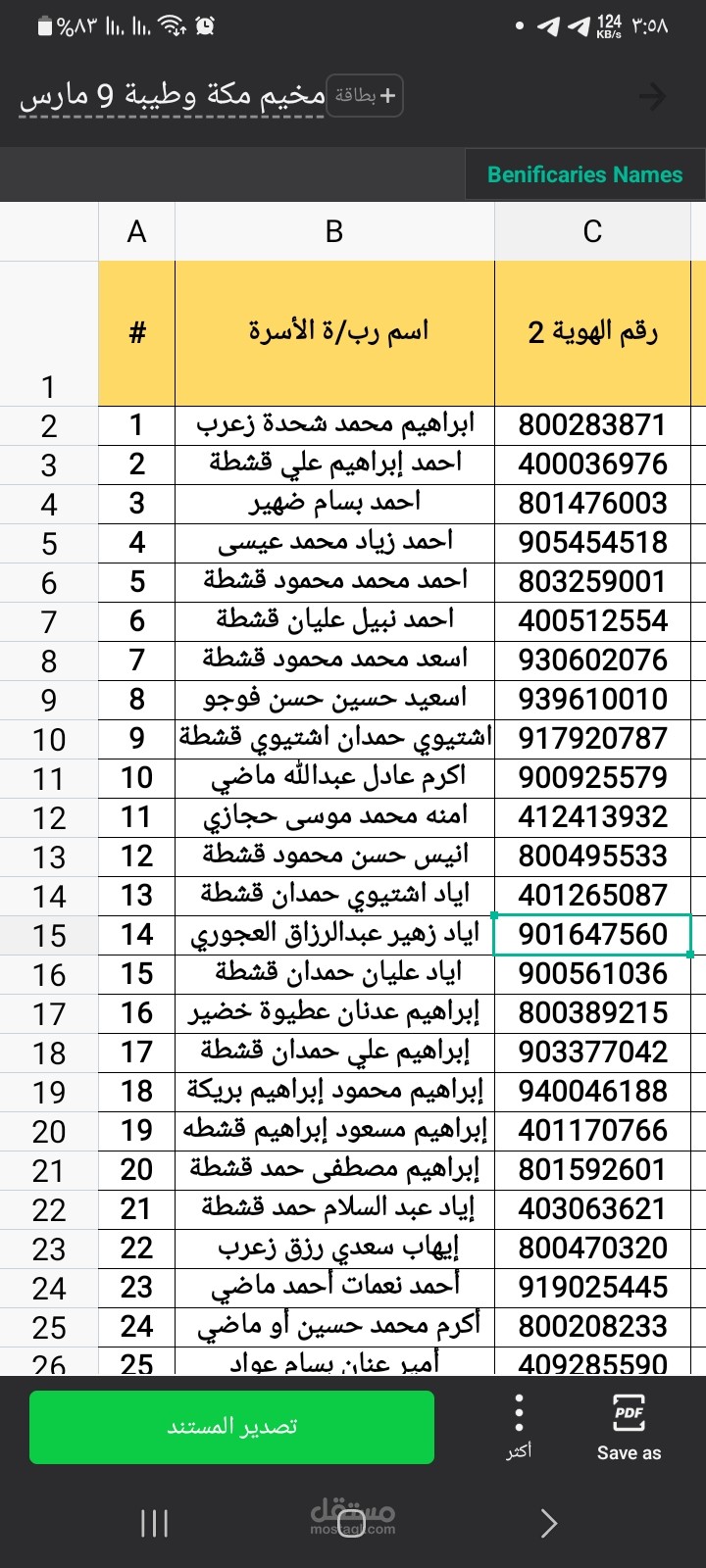 إدخال بيانات مخيم مكة و طيبة الى برنامج أكسل