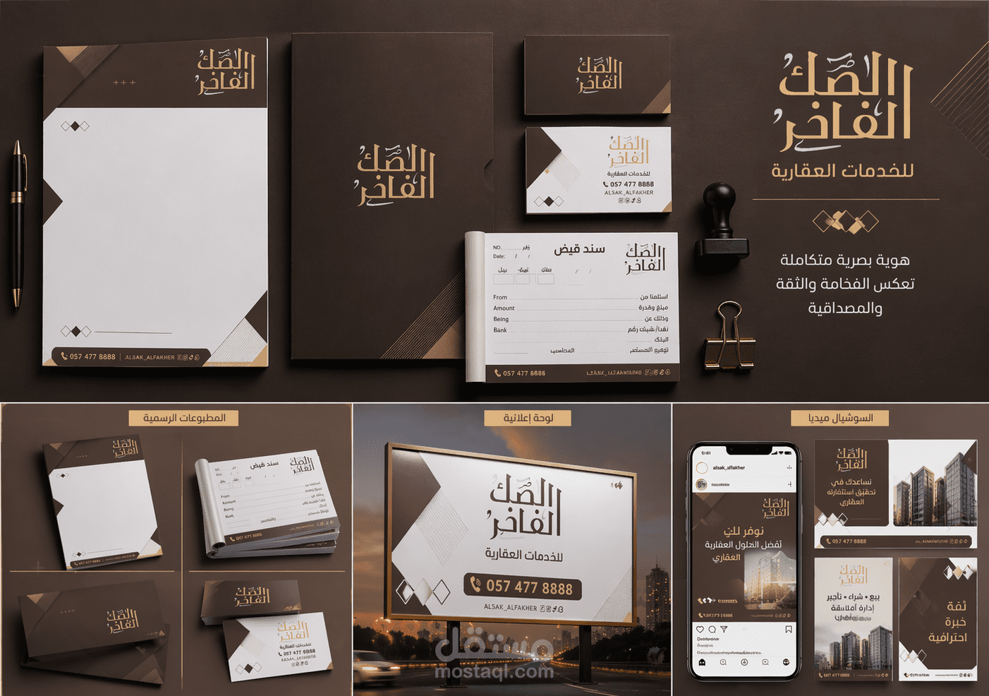 تصميم هوية بصرية متكاملة لعلامة "الصك الفاخر" (مطبوعات + سوشيال ميديا)