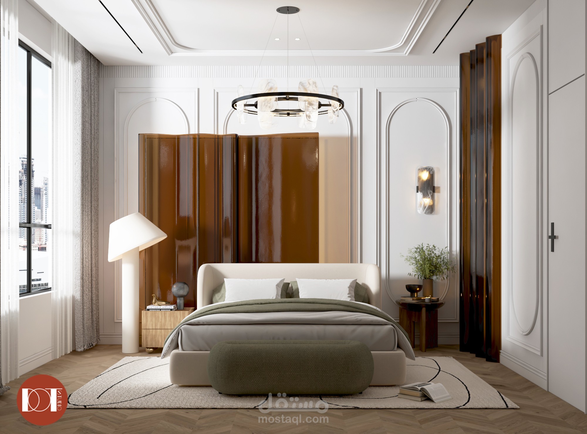 غرفة نوم رئيسية مع غرفة ملابس بطراز نيو كلاسيك