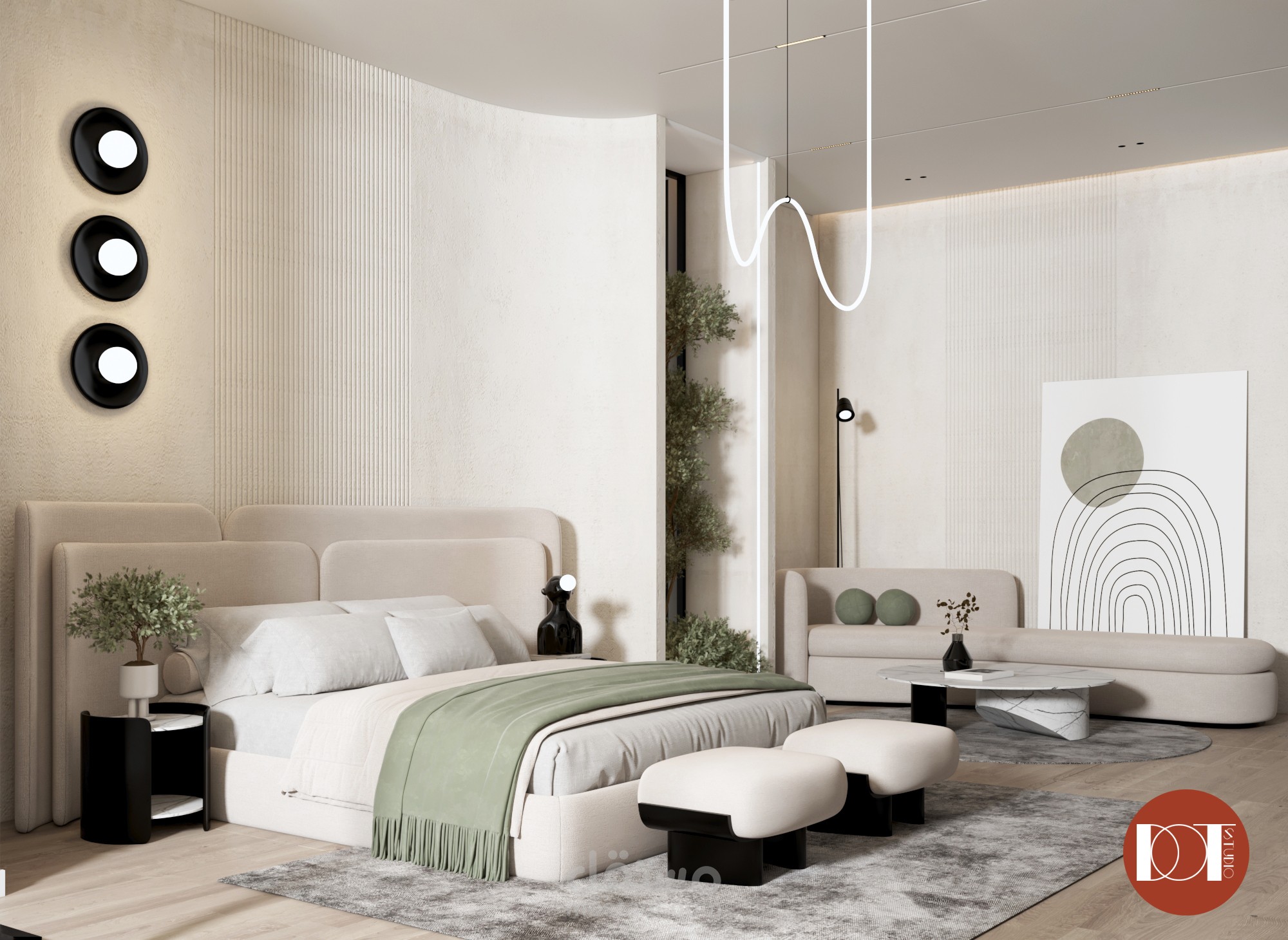 تصميم غرفة نوم مع جلسة جانبية بطراز minimalist