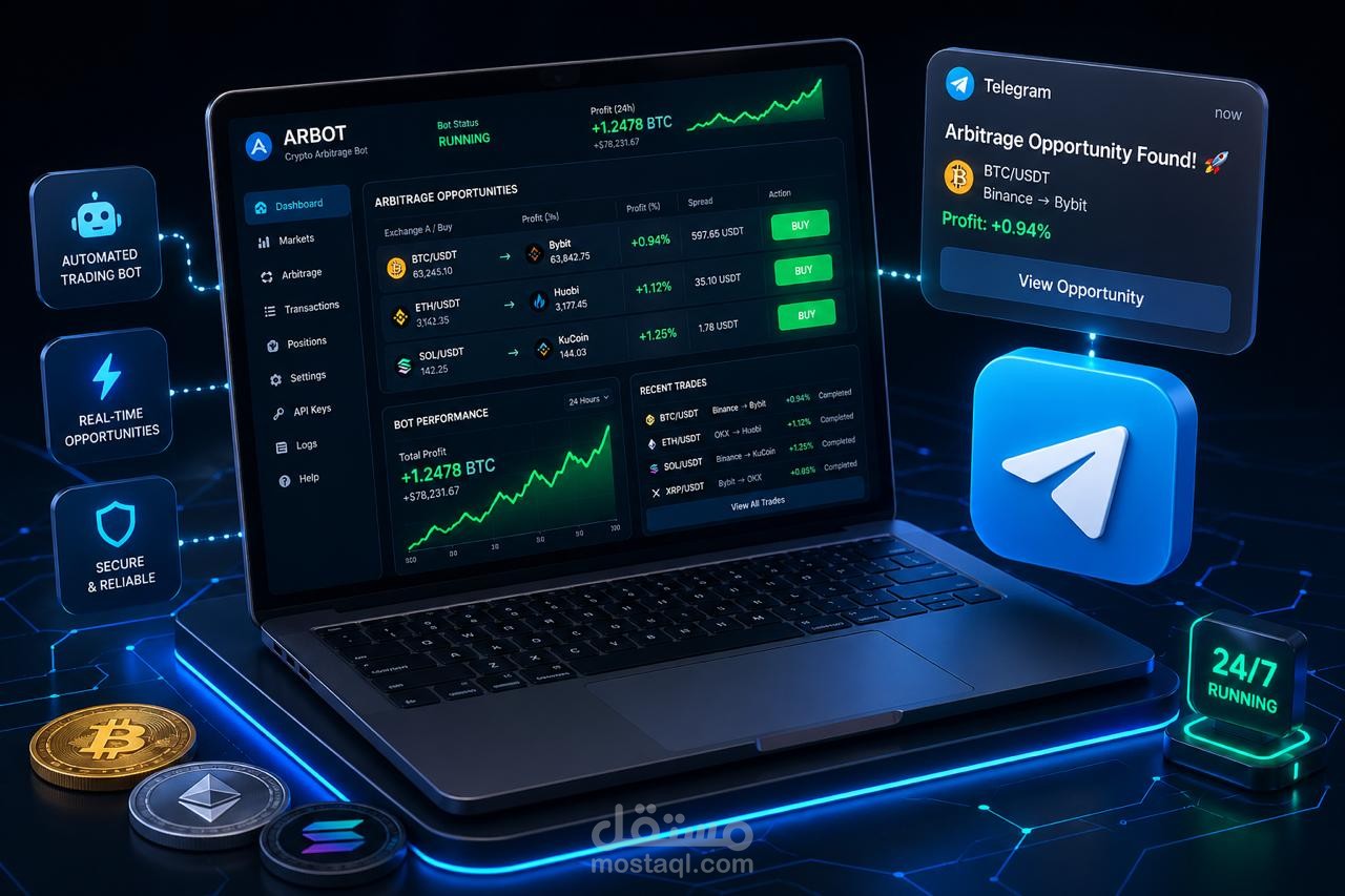 نظام آلي لرصد فرص التحكيم السعري (Arbitrage) بين منصات الكريبتو مع تنبيهات تليجرام