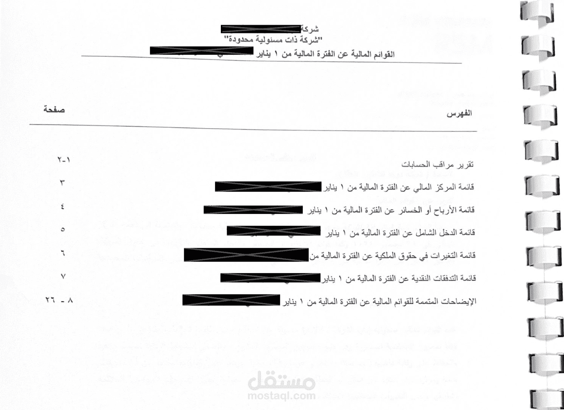 إعداد القوائم المالية وفقاً للمعاير (مركز مالي، دخل، تدفقات نقدية، حقوق ملكية) وتقرير المراجع المستقل لشركة كبري