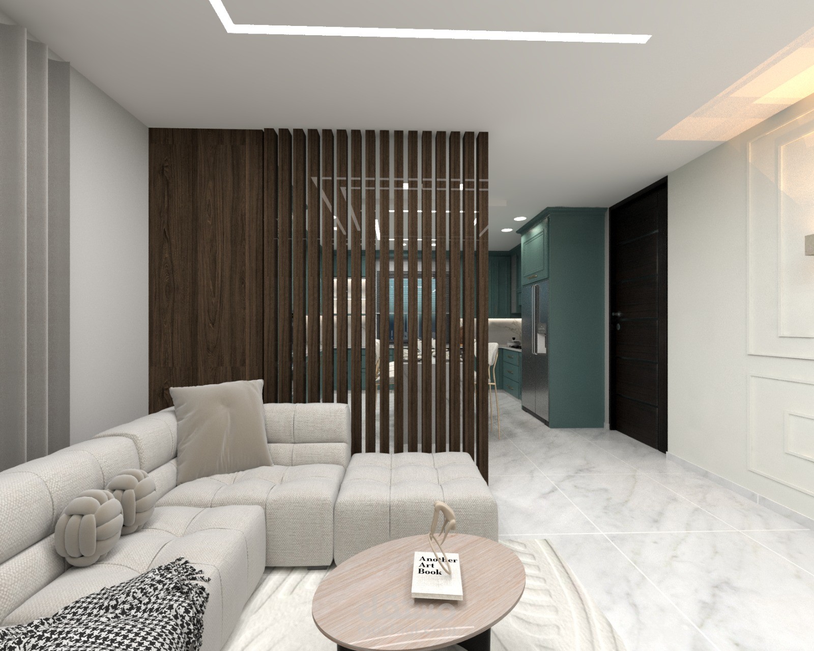 تصميم مطبخ مع معيشة بطراز نيو كلاسيك
