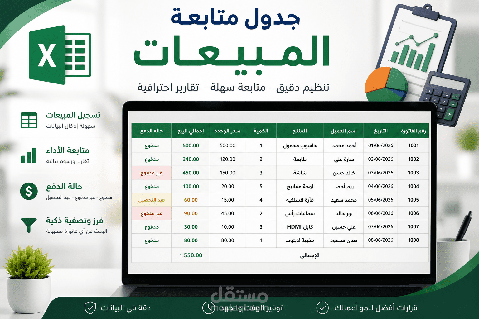 جدول متابعة مبيعات باستخدام Microsoft Excel