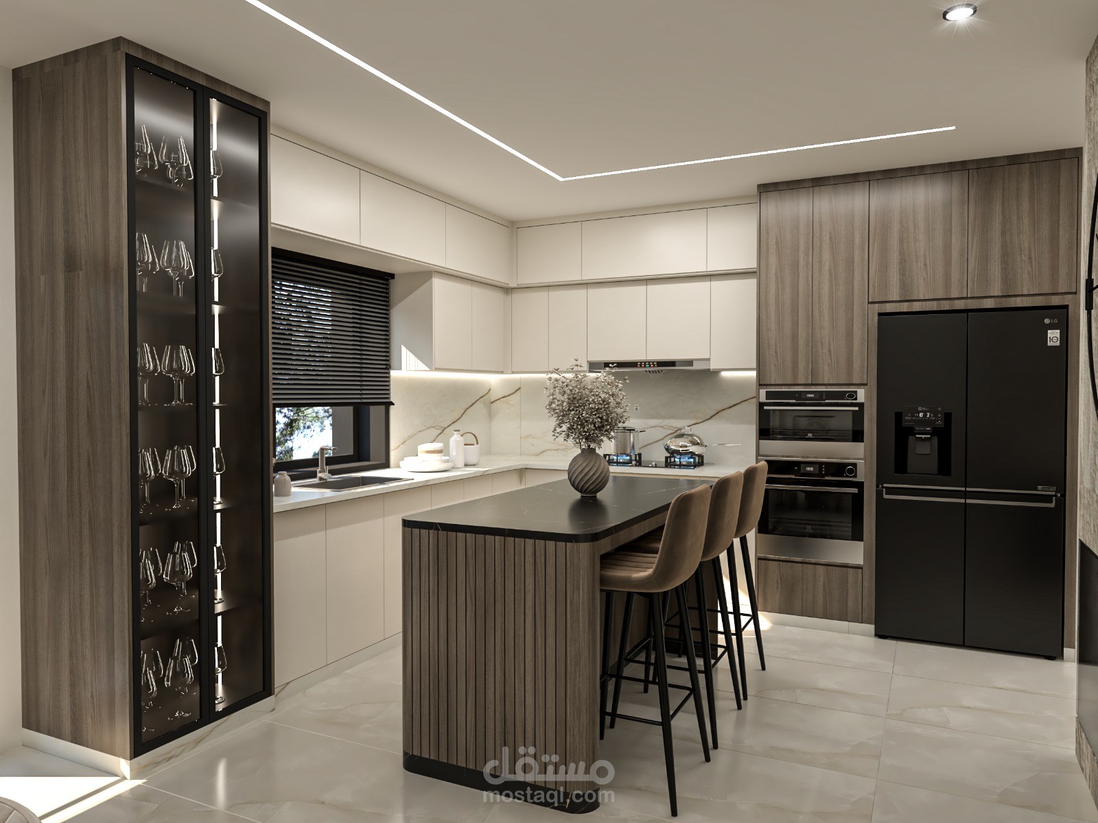 تصميم داخلي مودرن لمطبخ وركن طعام – تنفيذ راقٍ بألوان دافئة