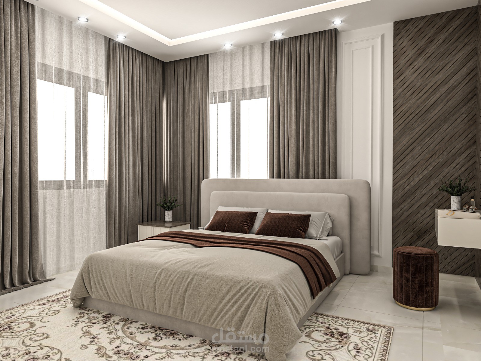 تصميم داخلي عصري لغرفة نوم رئيسية بألوان دافئة ولمسات فاخرة