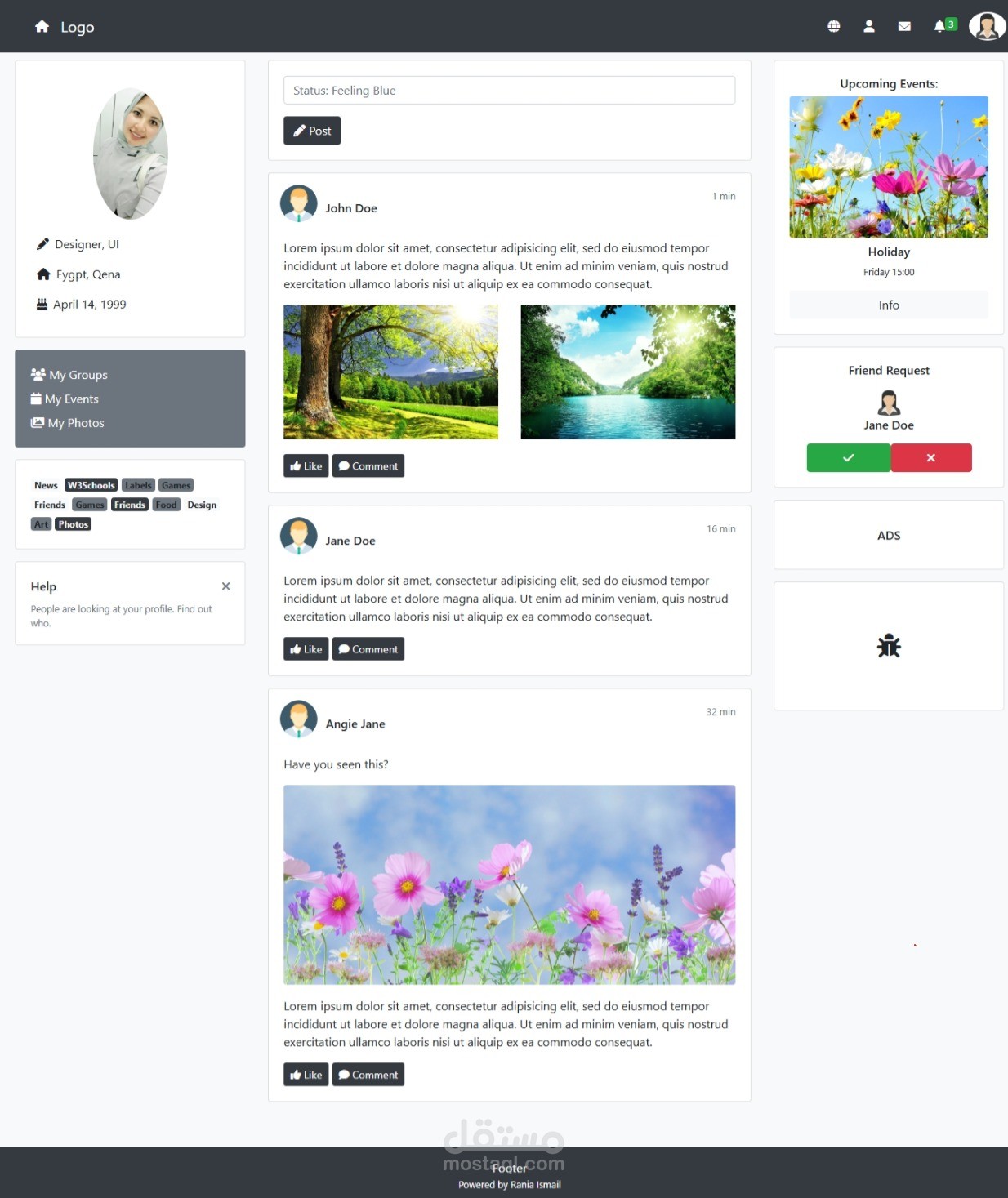 تصميم منصة تواصل اجتماعي باستخدام Bootstrap 5 و HTML/CSS – واجهة متجاوبة وأنيقة