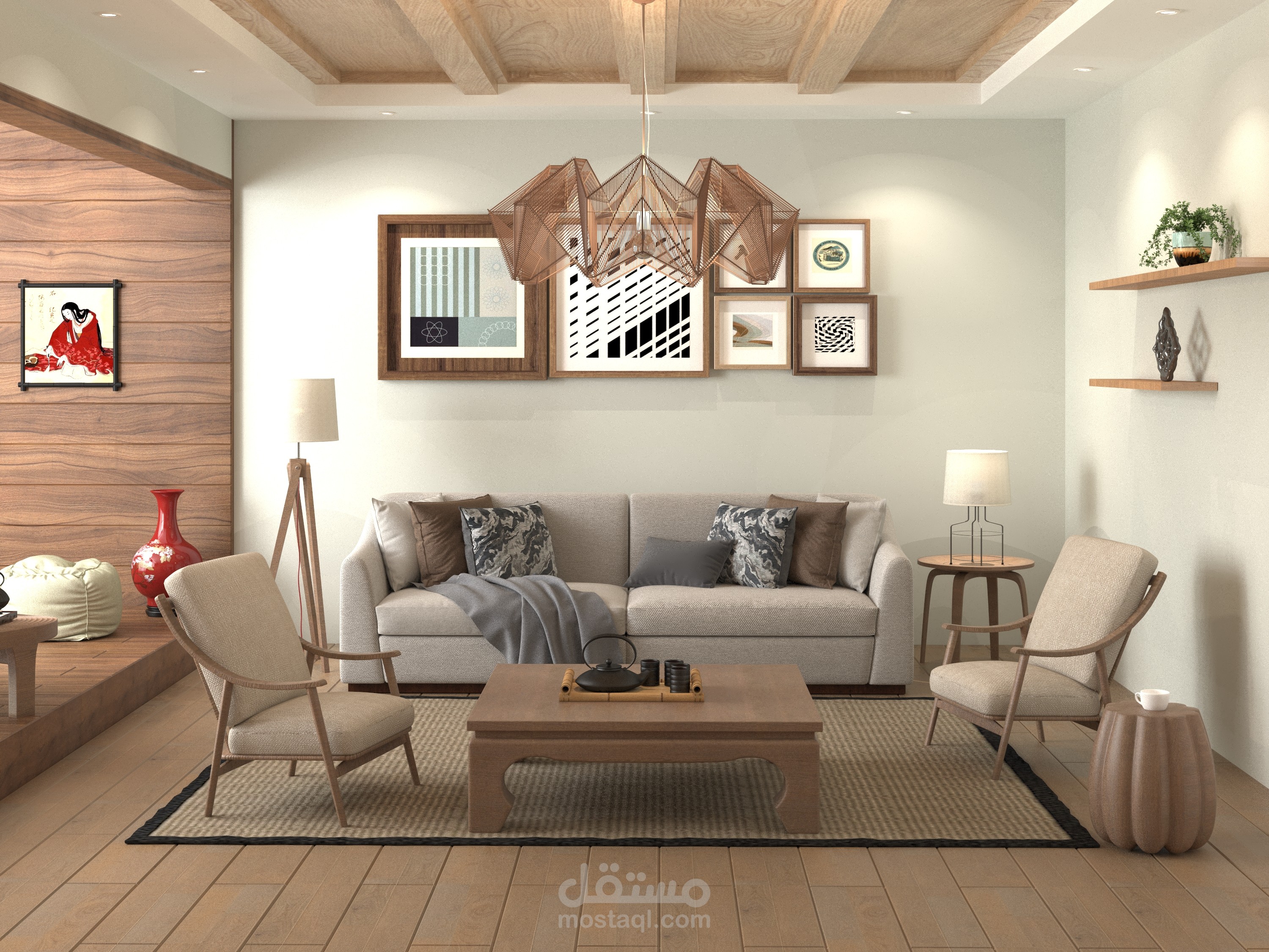 تصميم داخلي لغرفة معيشة على الطراز الياباني الحديث