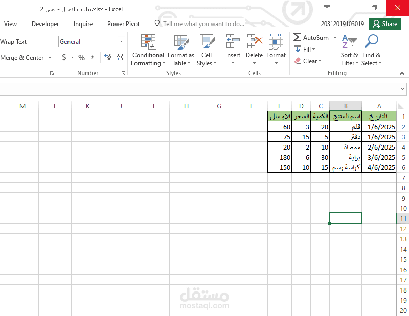 إدخال بيانات مبيعات شهرية لمتجر إلكتروني باستخدام Excel