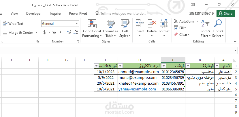 إنشاء قاعدة بيانات موظفين على Excel