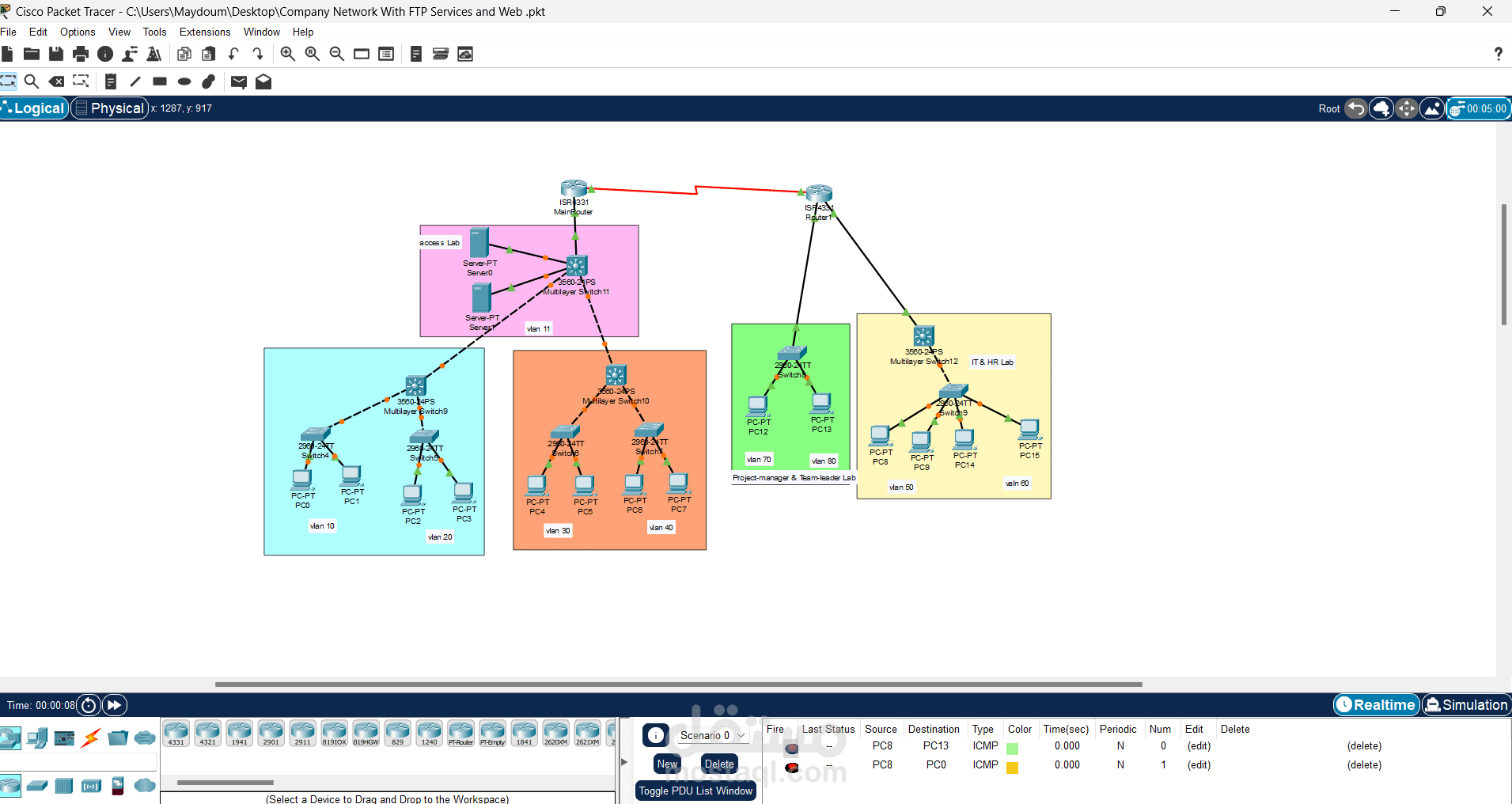 تصميم شبكة شركة باستخدام Cisco Packet Tracer (VLANs, FTP & Web Servers, Routing)