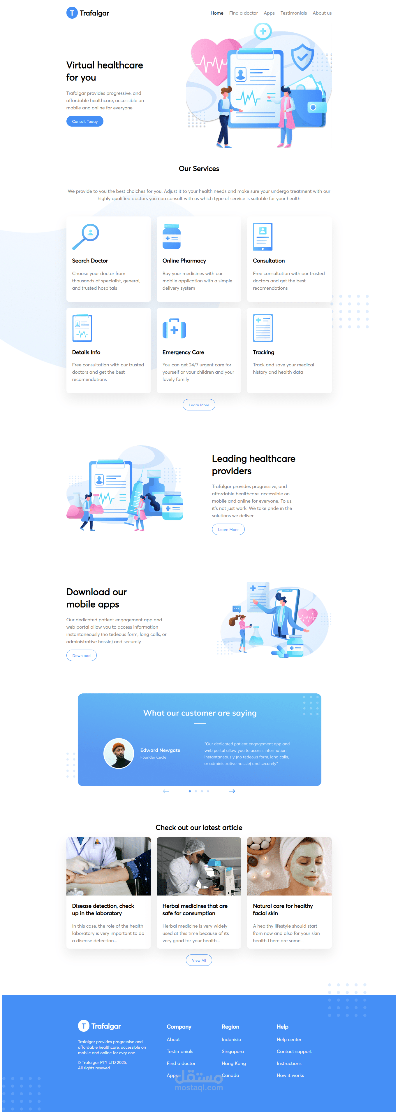 صفحة هبوط Landing Page لخدمة رعاية صحية رقمية – Trafalgar