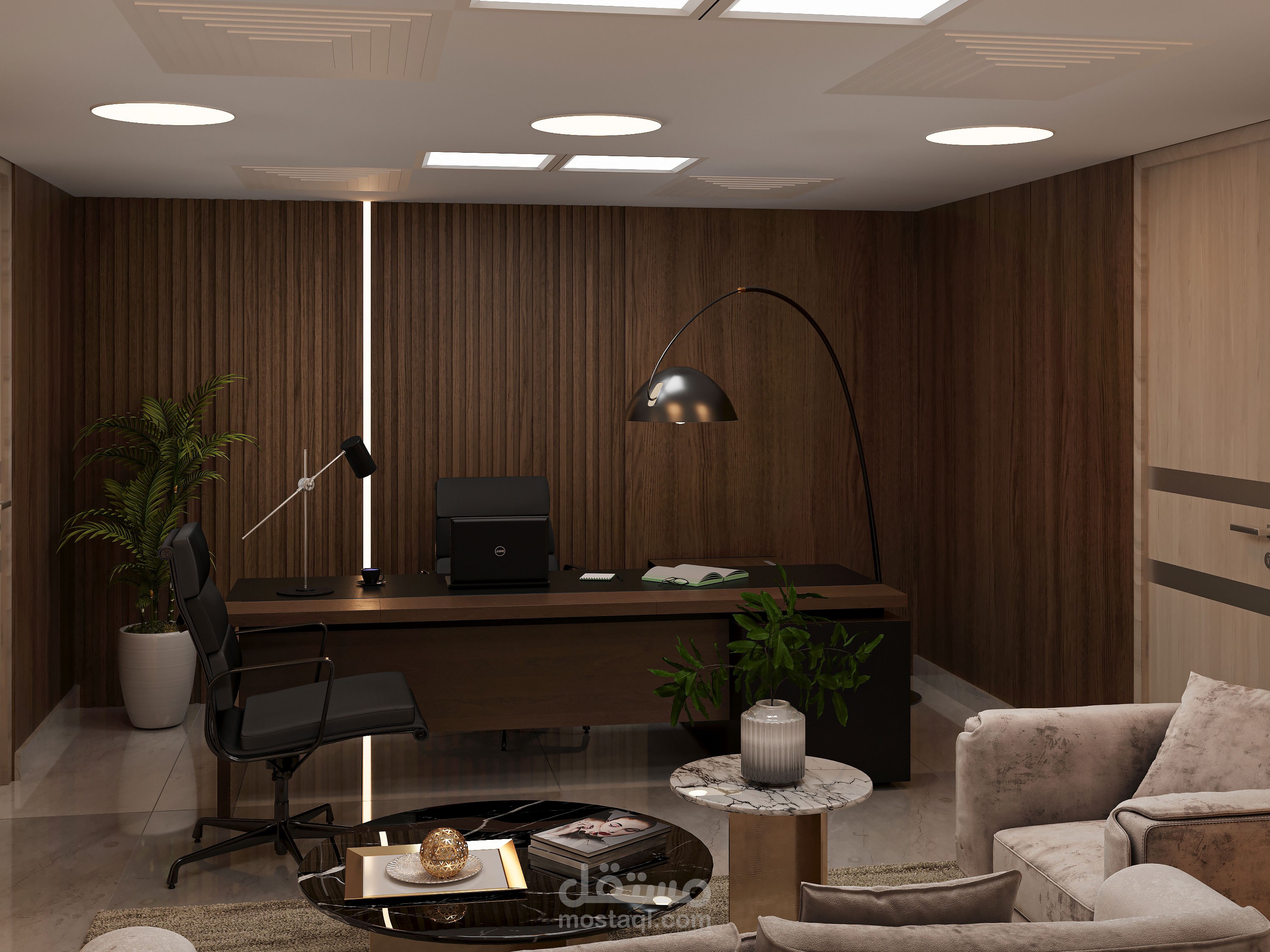 تصميم مكتب عمل مع منطقة استقبال بتصميم احترافي وعصري