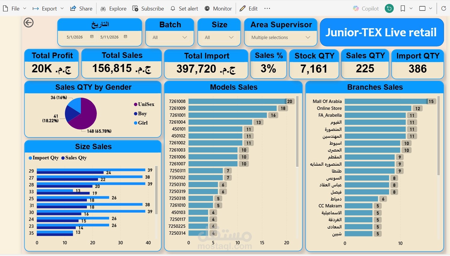 تصميم لوحة تحكم Power BI لمتابعة أداء المبيعات والمخزون Live Retail