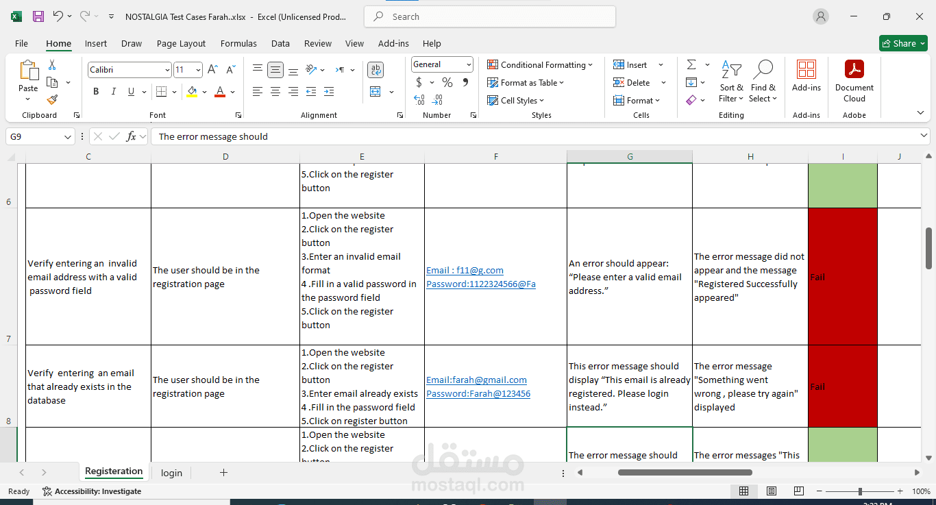 Test case using Microsoft Excel