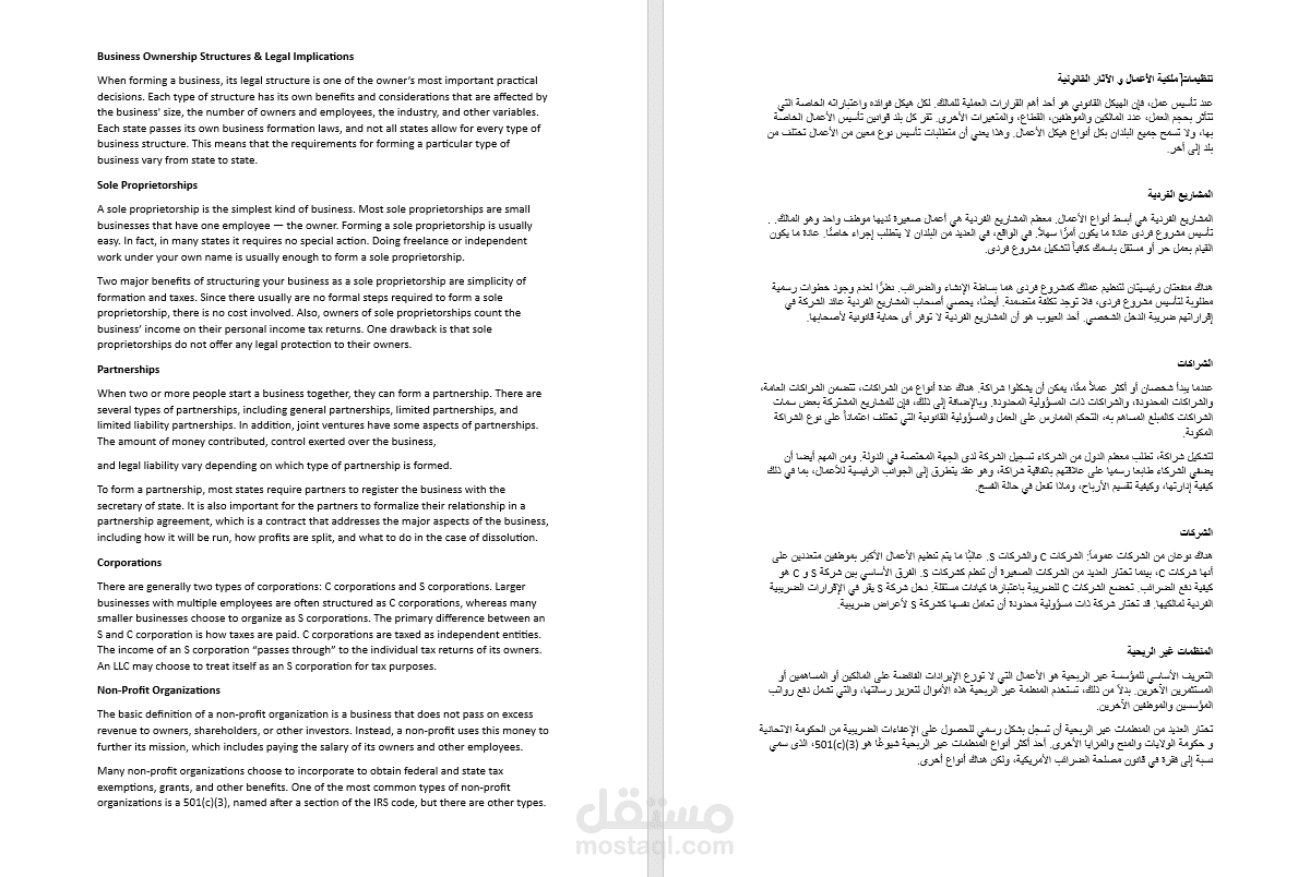 تنظيم ملكية الأعمال.