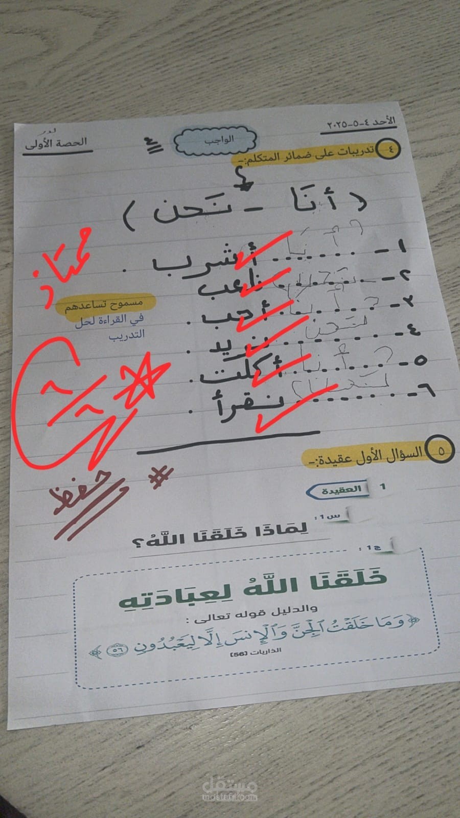 تدريبات على ضمائر المتكلّم/سؤال عقيدة