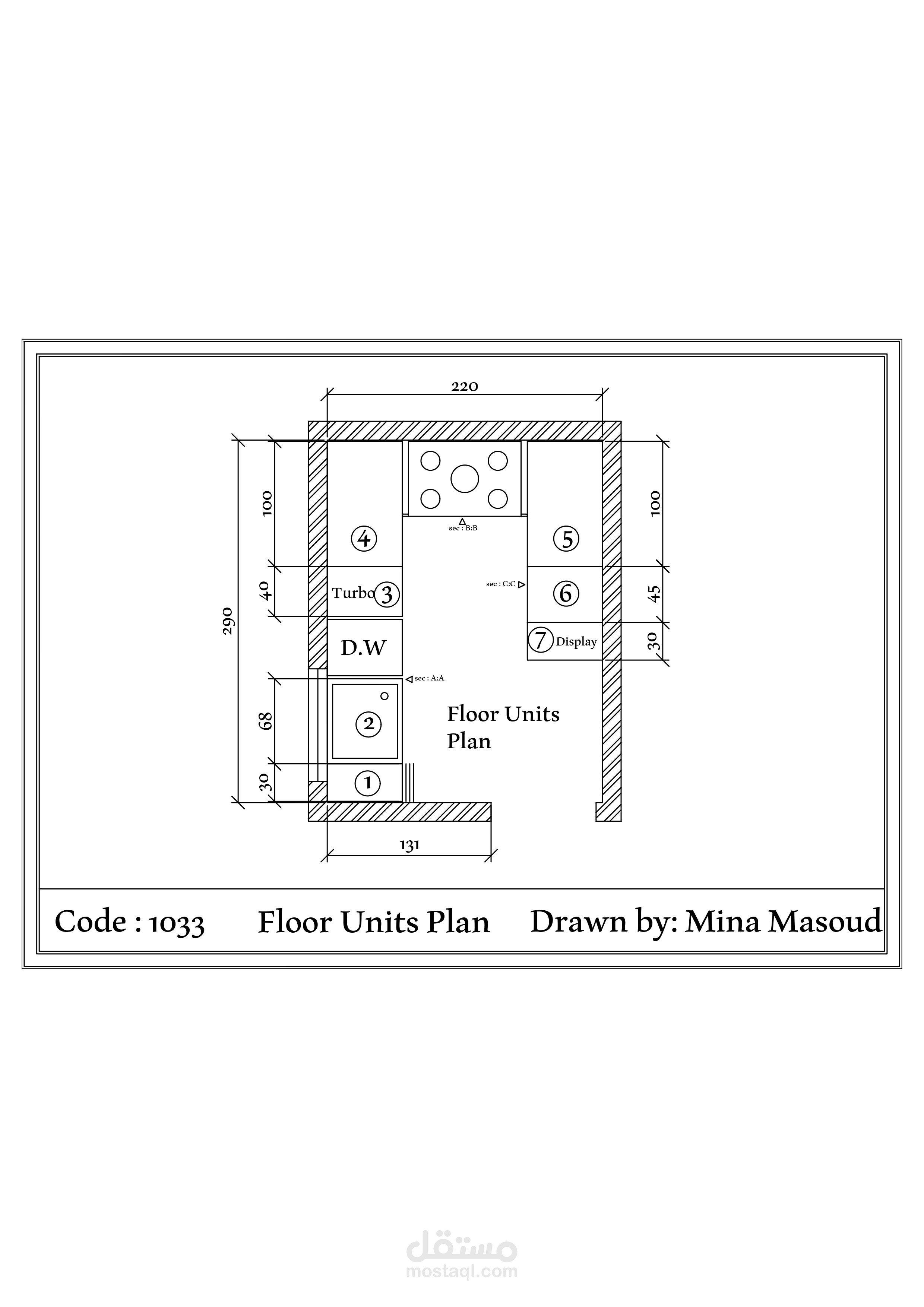 "الرسومات التنفيذية و قائمة التقطيع لمطبخ على شكل حرف U"