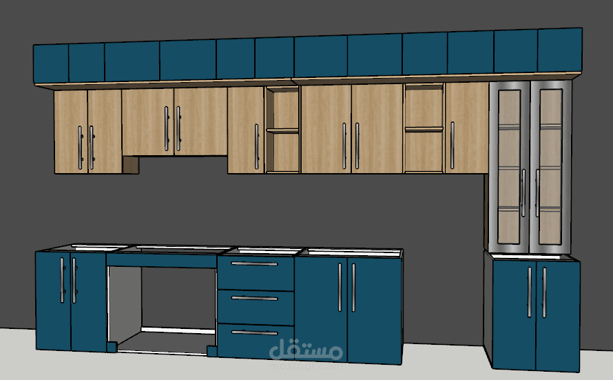 "الرسومات التنفيذية و قائمة التقطيع لمطبخ على شكل حرف I"