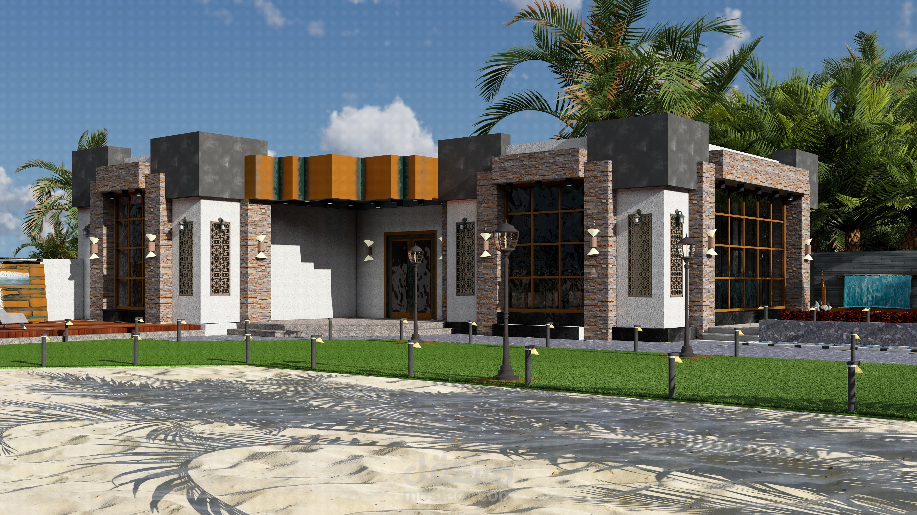 تصميم مبنى  استراحة  ومجلس خارجي داخل اسوار فيلا  بمدينة  الجبيل المملكة العربية  السعودية