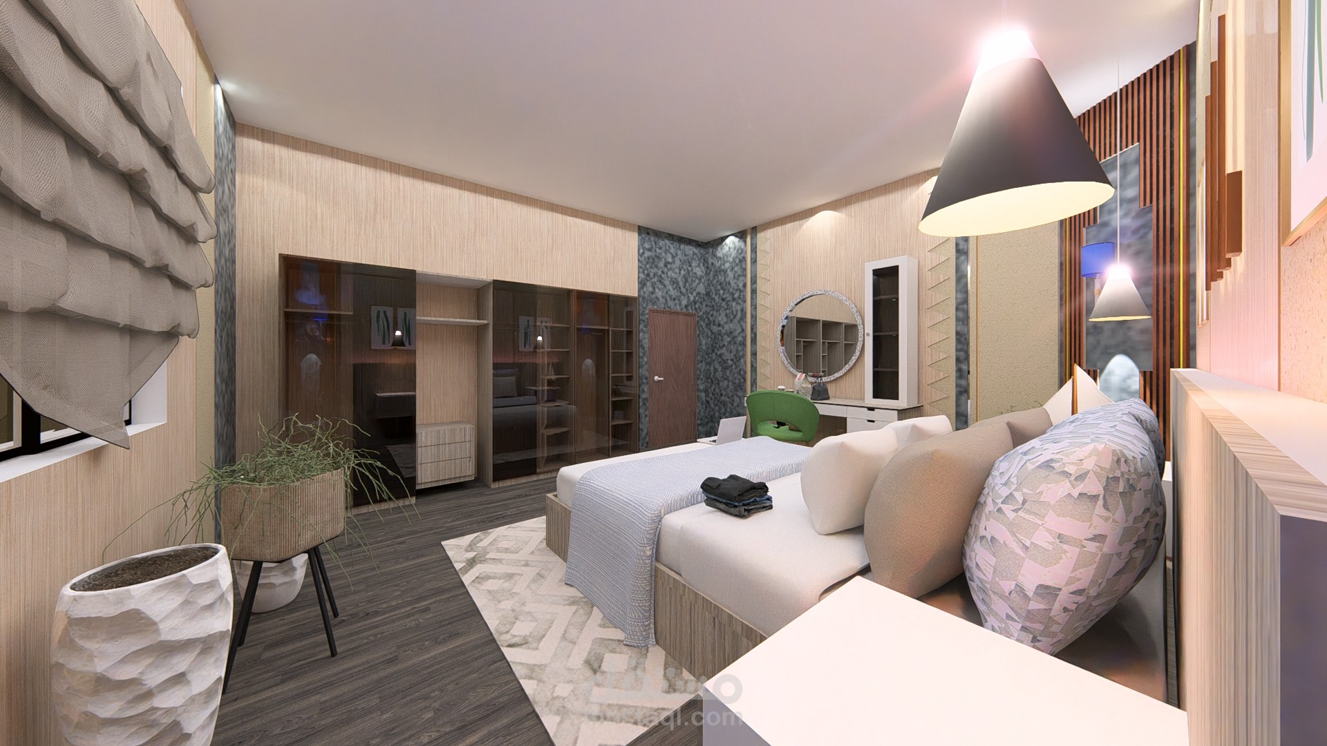 تصميم  غرفة نوم  ماستر باستخدام  بديل الرخام  وبديل الخشب