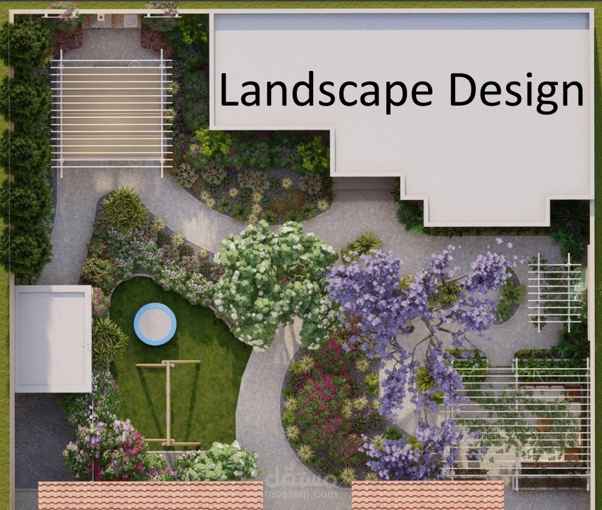 تصميم حديقة  فيلا  خارجية مع  ركن  شواء ومنطقة  جلوس والعاب اطفال