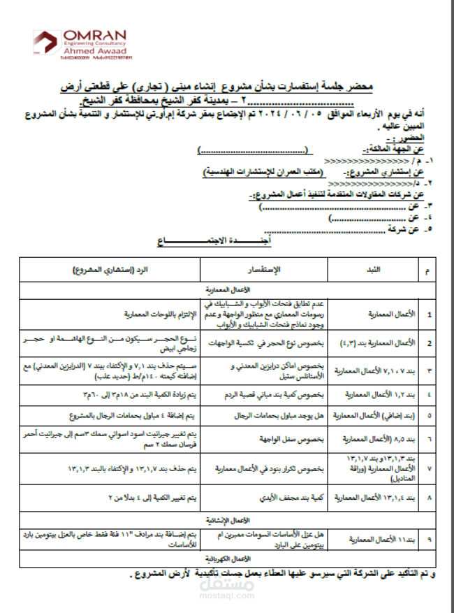 اعداد محضر اجتماع جلسة استفتسارات