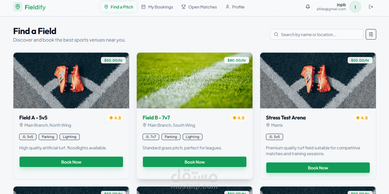 Field Booker — منصة ويب متكاملة لإدارة وحجز الملاعب الرياضية بنظام أدوار متعددة ومحفظة رقمية ودفع آمن.