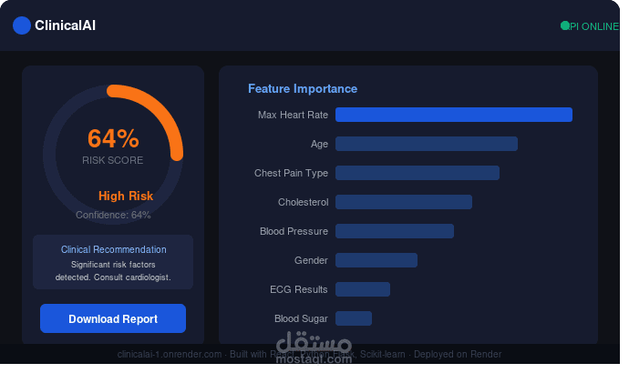 منصة ClinicalAI — نظام ذكاء اصطناعي للتنبؤ بأمراض القلب
