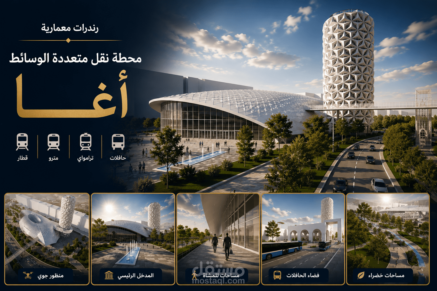 رندرات معمارية احترافية لمحطة نقل متعددة الوسائط (Pôle Multimodal de Transport AGHA)