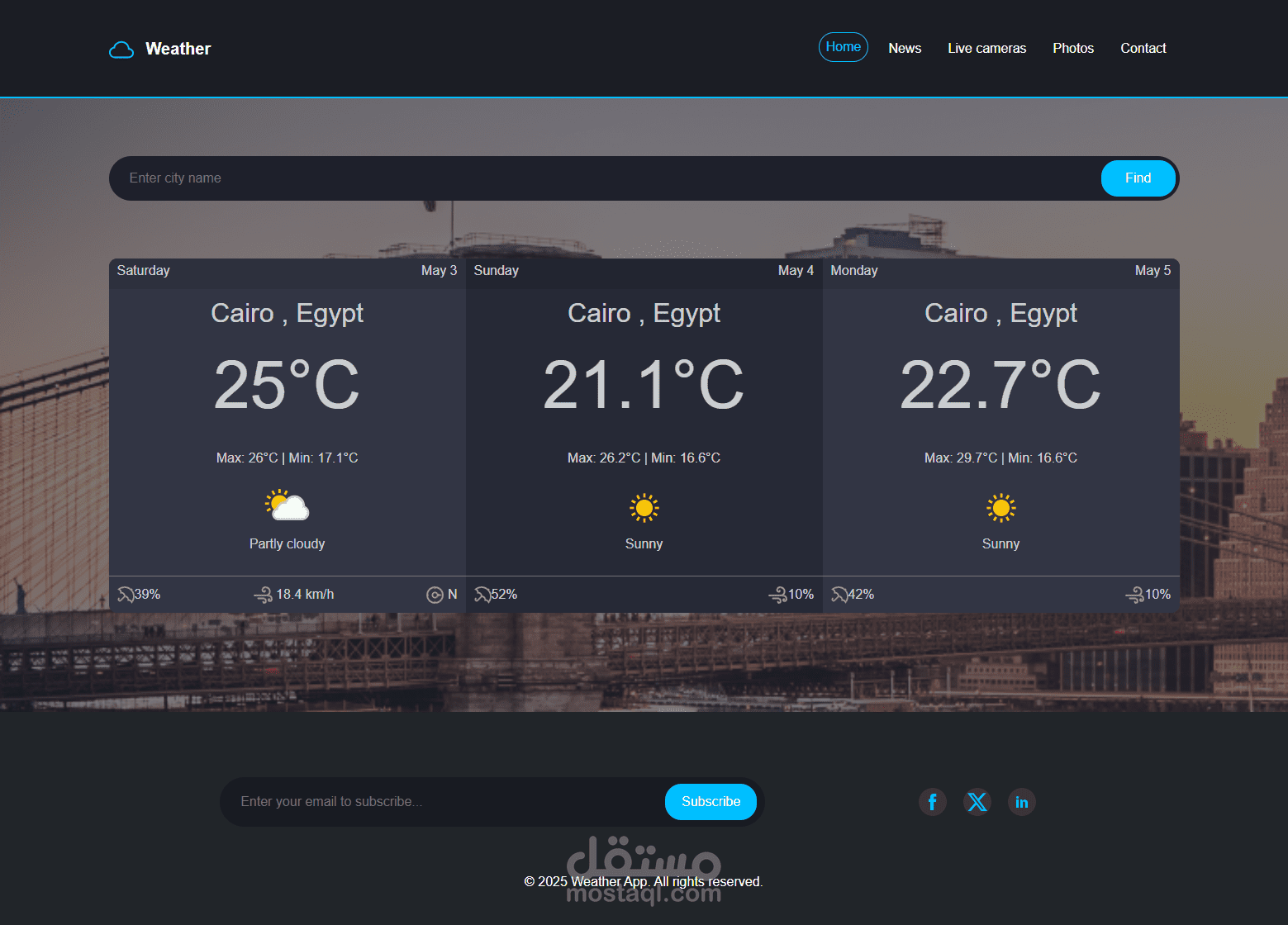 تطبيق ويب لعرض توقعات الطقس لثلاثة أيام باستخدام (weather api)
