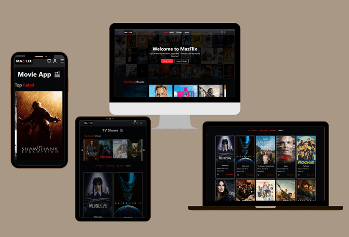 تصميم وتطوير موقع إلكتروني لعرض الأفلام والمسلسلات باستخدام Css,Tailwind,React,Js,Redux