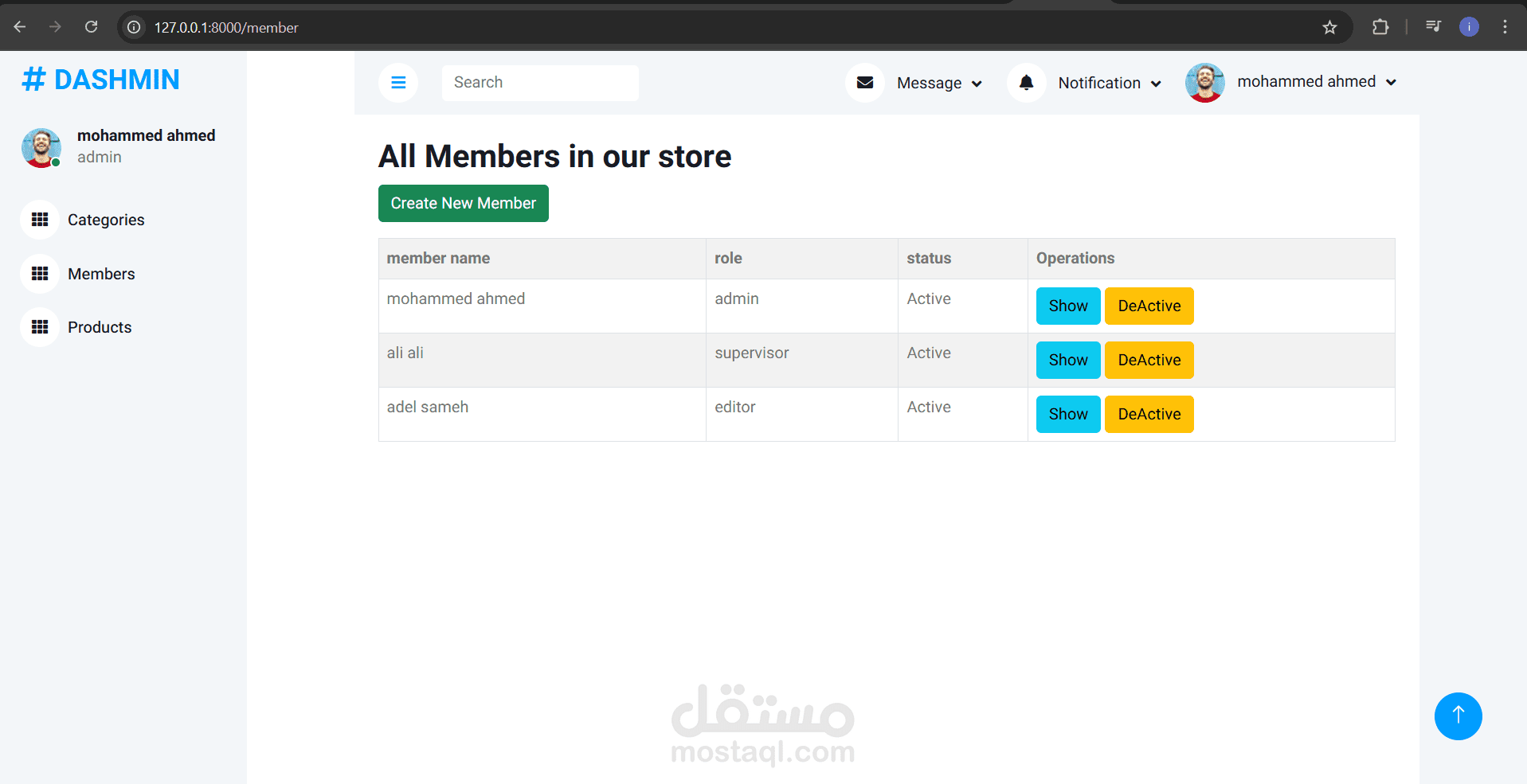 dashboard to manage members, categories and products