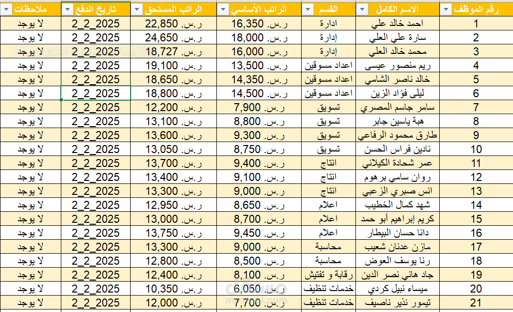 جدول رواتب موظفين متكامل