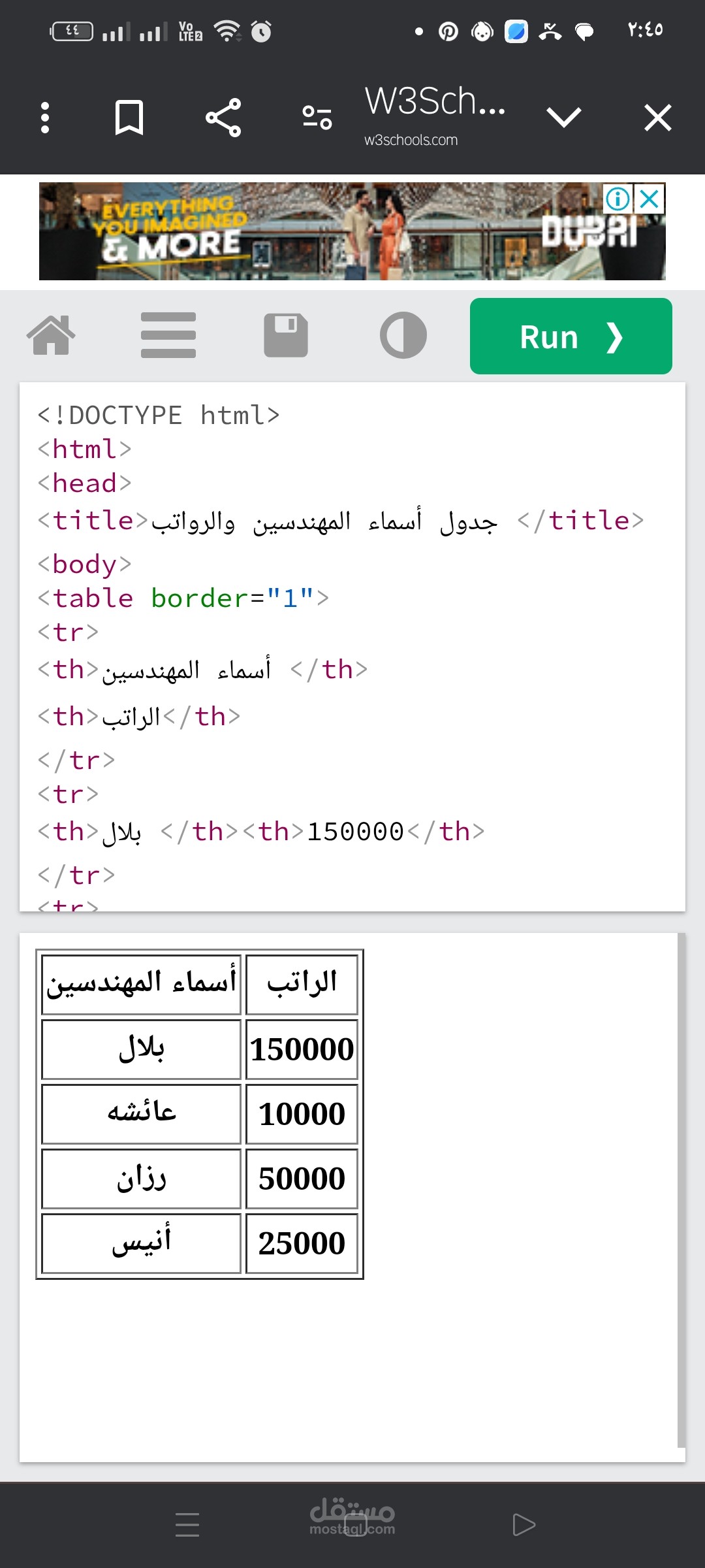 جدول بأسماء مهندسين والراتب