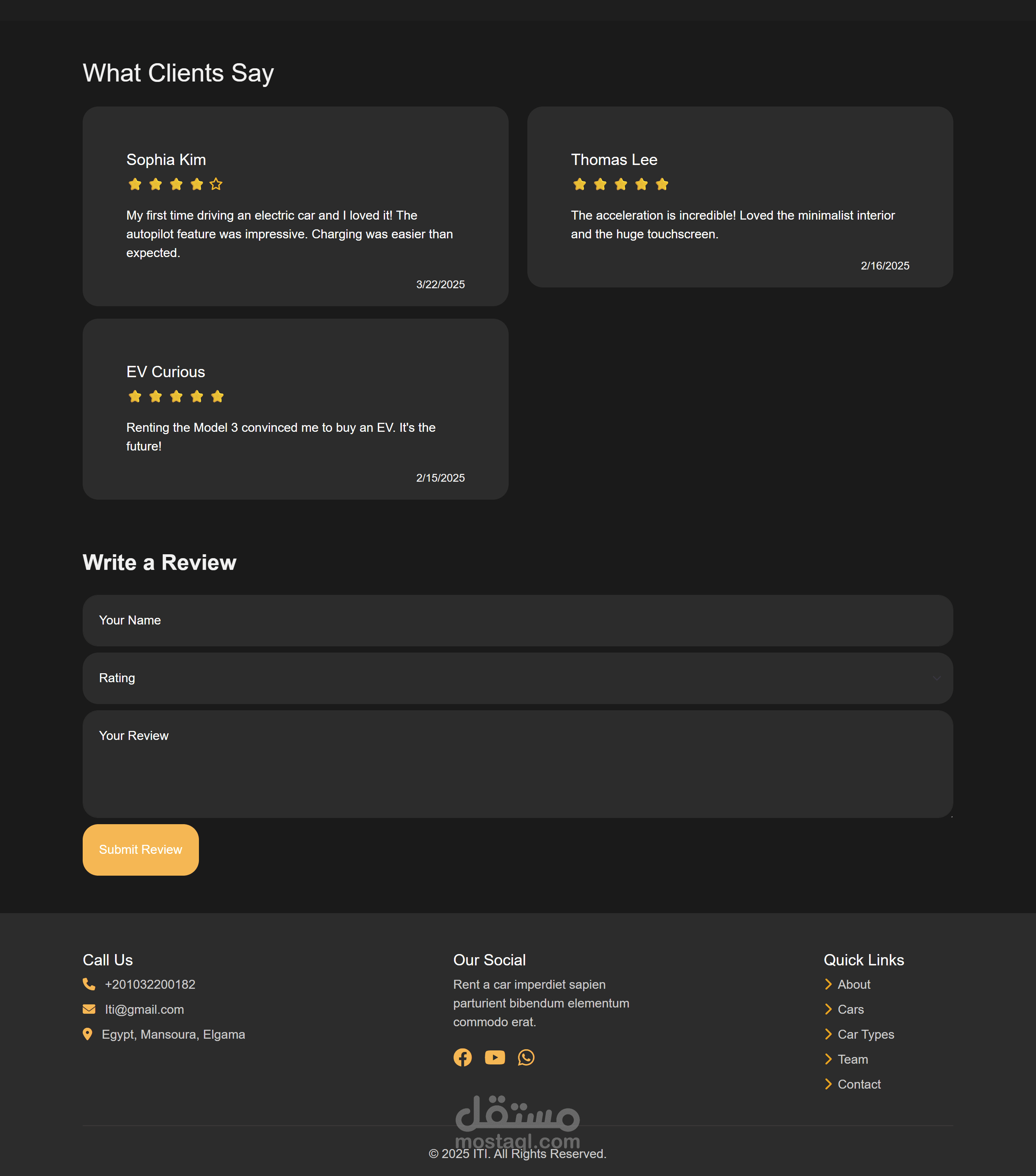 قسم تقييمات العملاء مع نموذج إضافة مراجعة ( تصميم داكن وفاتح), Testimonials/Reviews