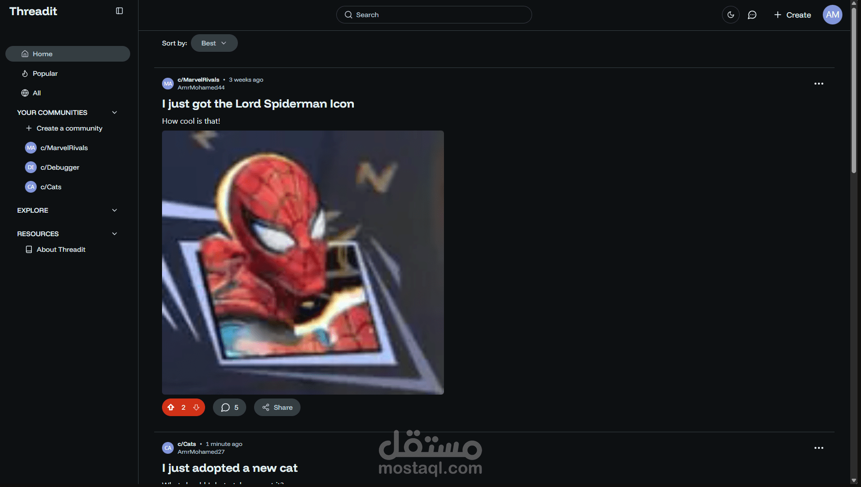 مطور Full stack في Threadit - موقع تواصل اجتماعي شبيه بـ Reddit
