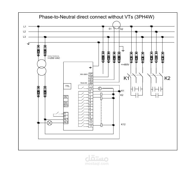 توضح الدائرة المعروضة طريقة توصيل مباشرة بين الطور والحيادي لنظام ثلاثي الطور (3PH4W) بدون استخدام محولات جهد (VTs)