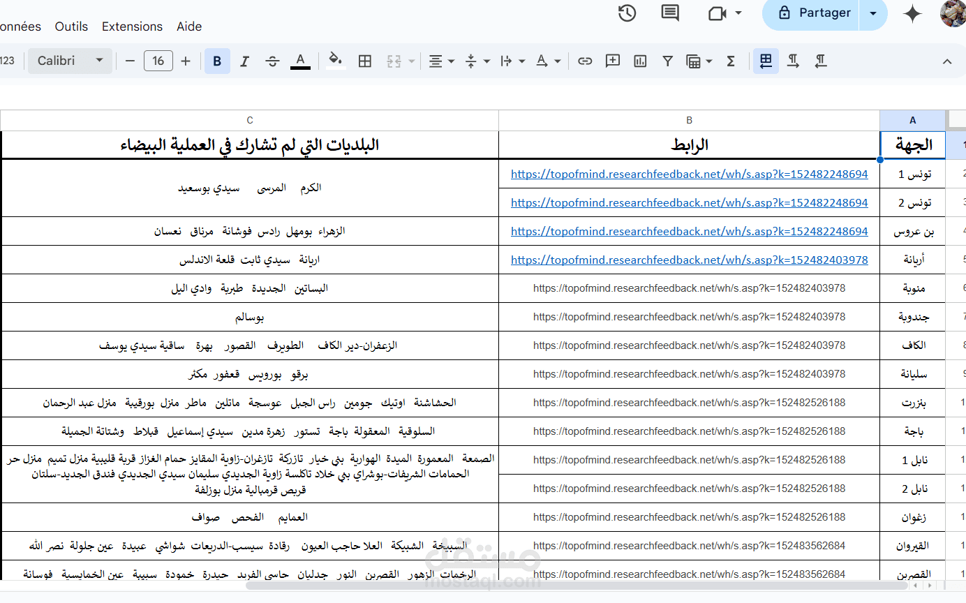 إدخال البيانات وجدولتها ب استخدام Excel لمشروع "فرز المحليات التي لم تشارك ف عمليات البيضاء  "