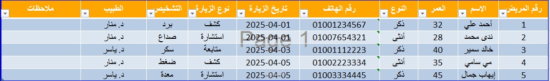 نموذج Excel لقاعدة بيانات العيادة