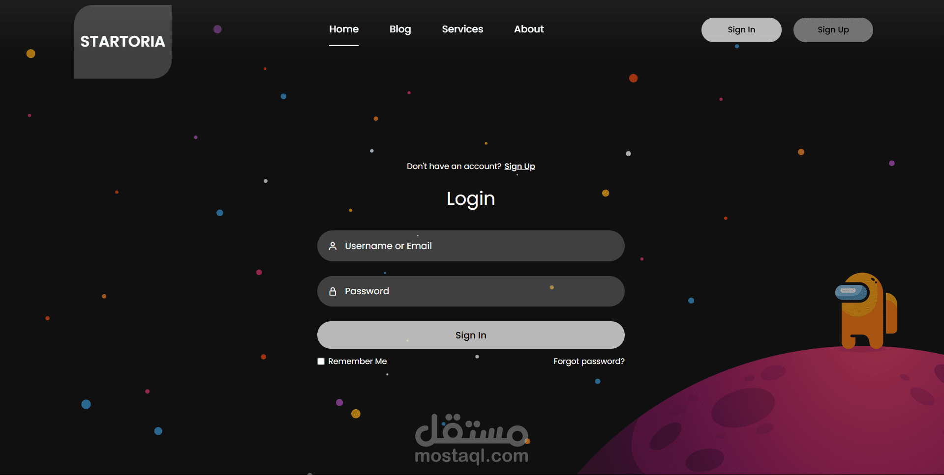 صفحة تسجيل دخول بواجهة فضائية (Login Page)