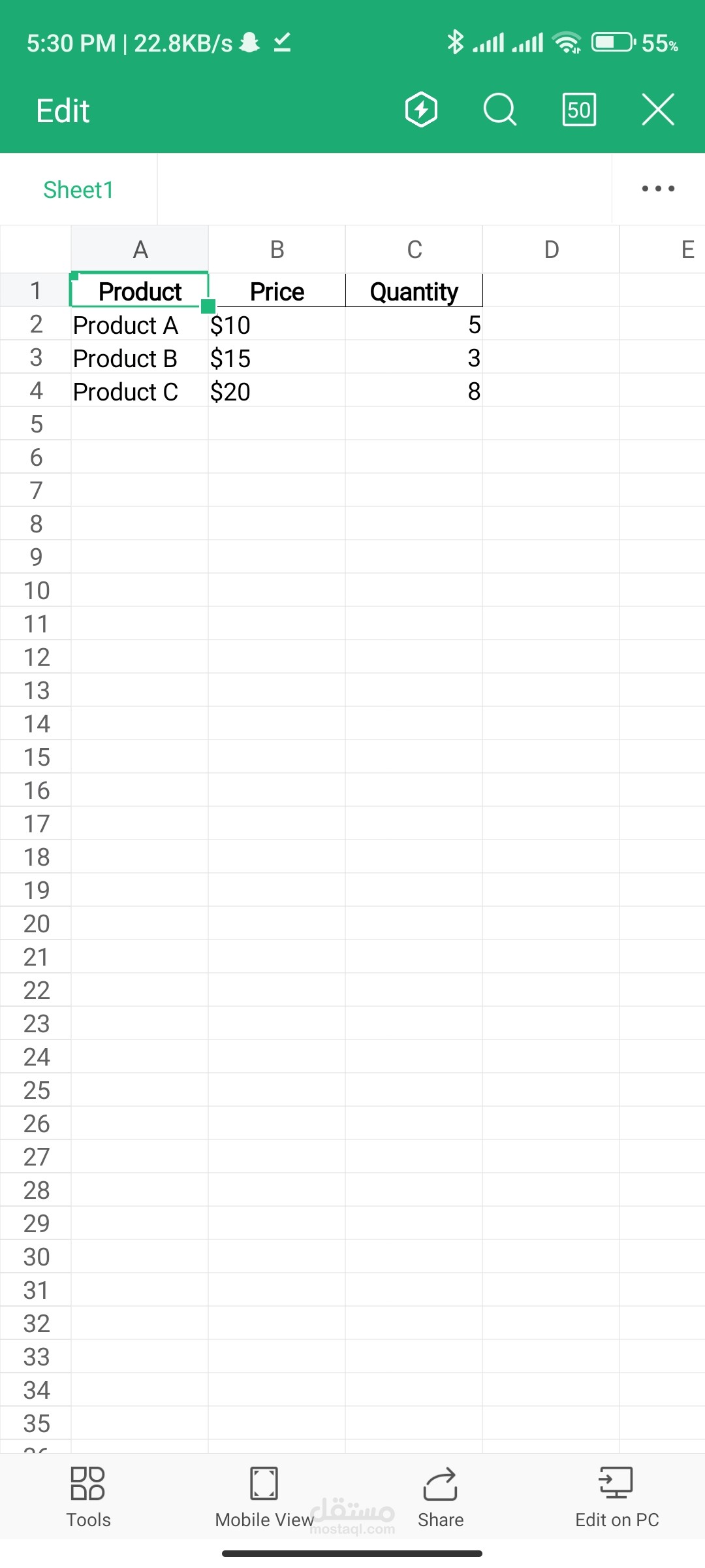 Excel for prodect