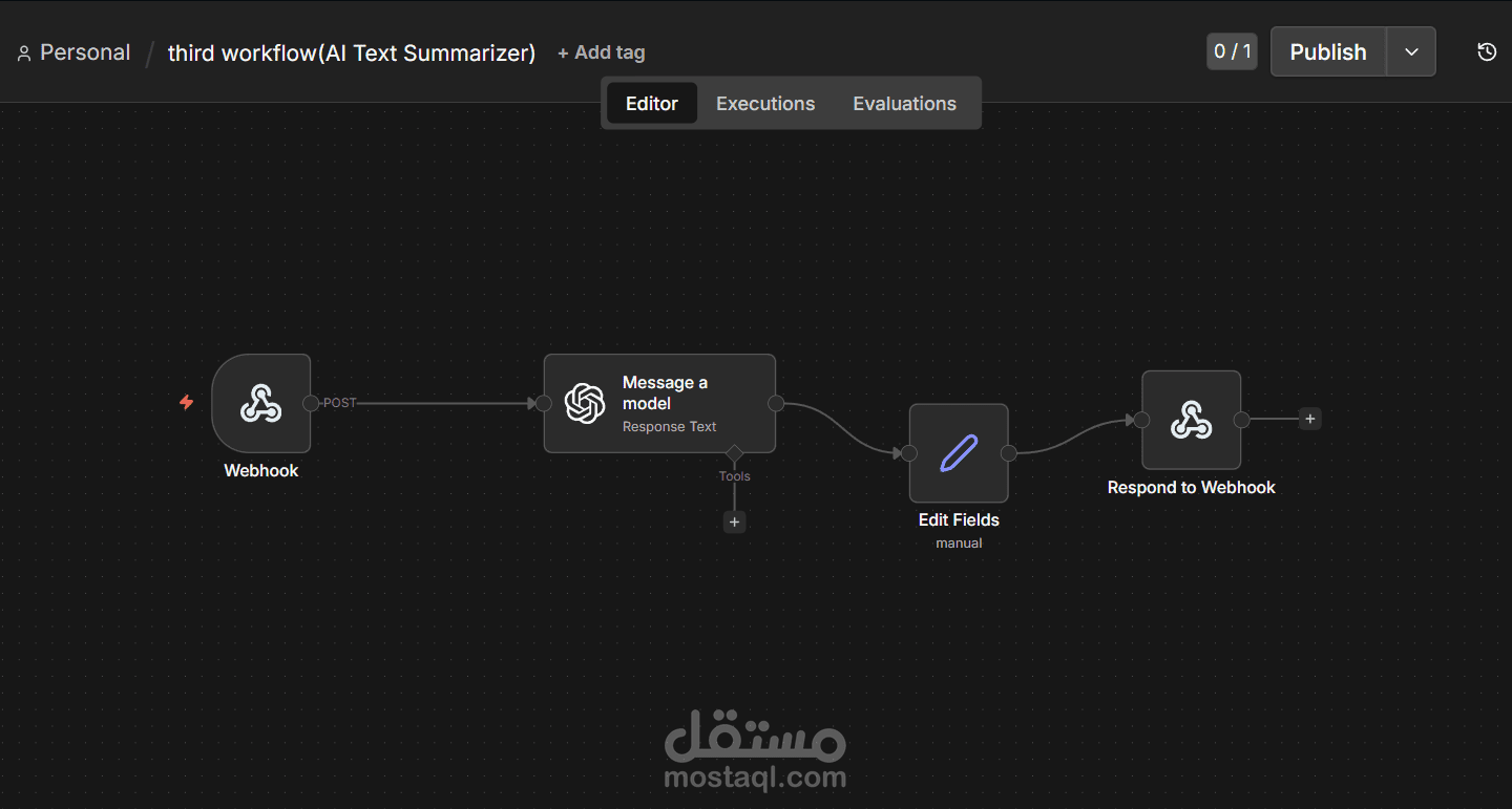 بناء محرك ذكي لتلخيص النصوص ومعالجتها آلياً باستخدام GPT-4 و n8n