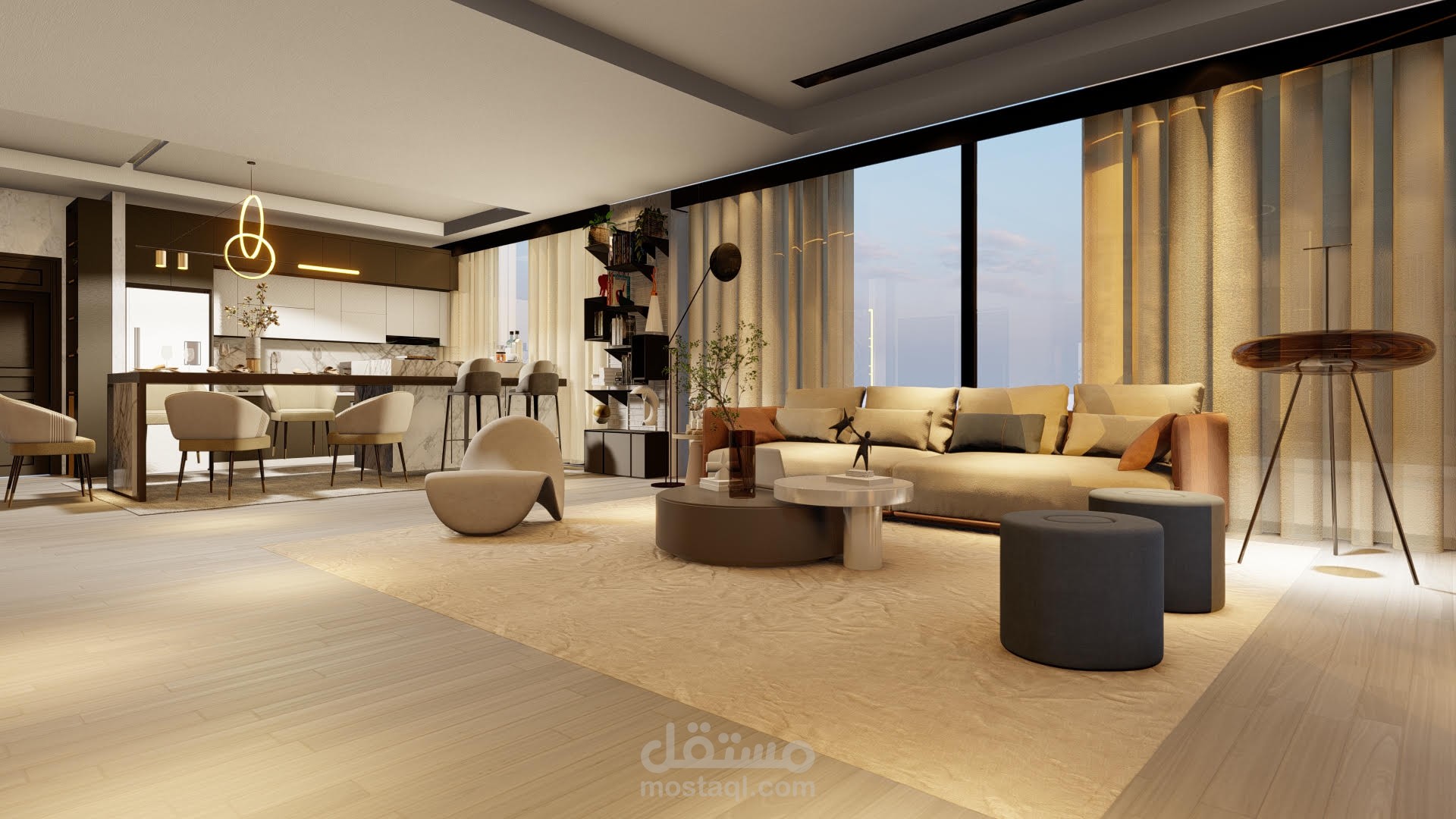 تصميم داخلي لغرفة معيشة + مطبخ